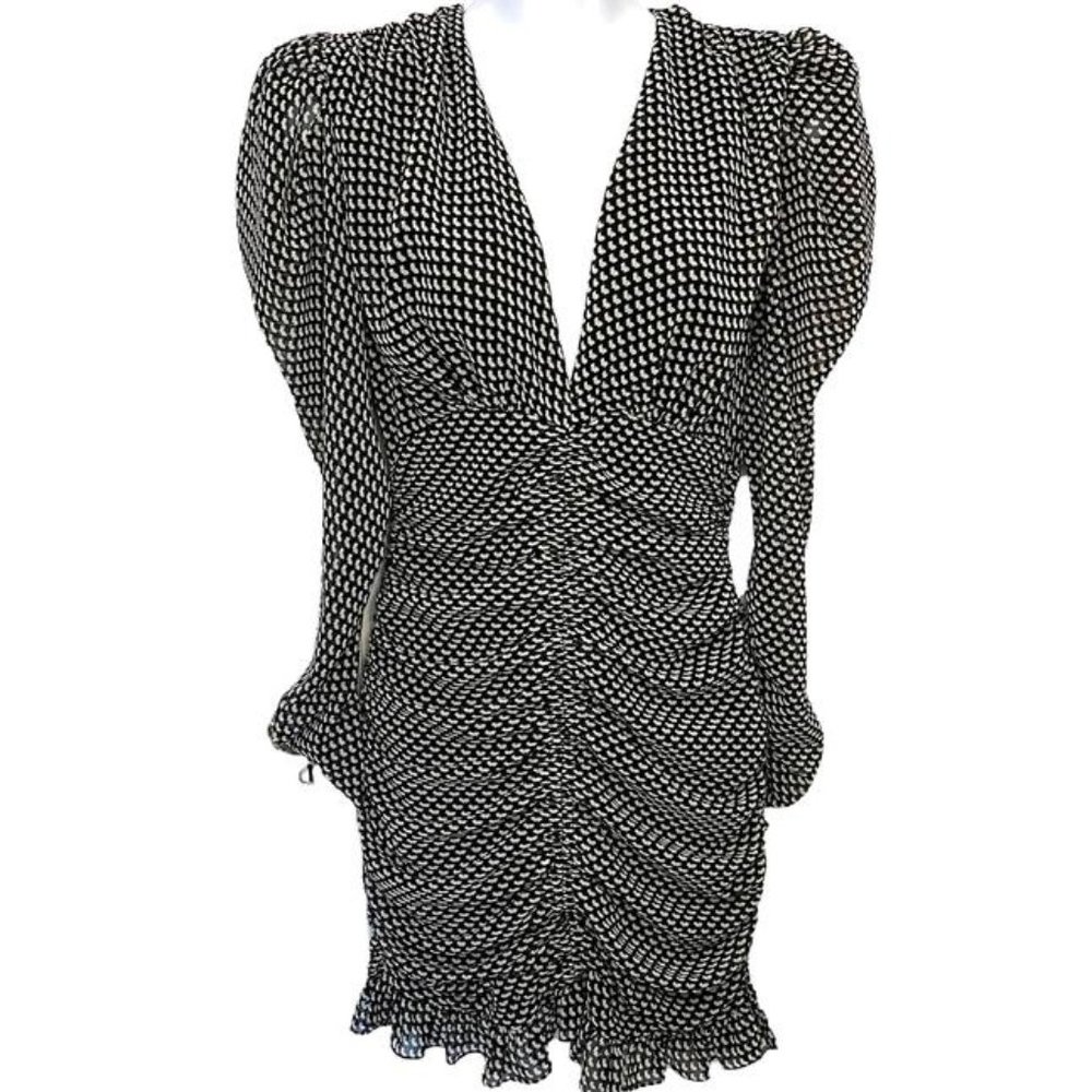Zara Black Long Sleeved Gathered Front V & White S Cocktail Dress - Picture 1 of 3